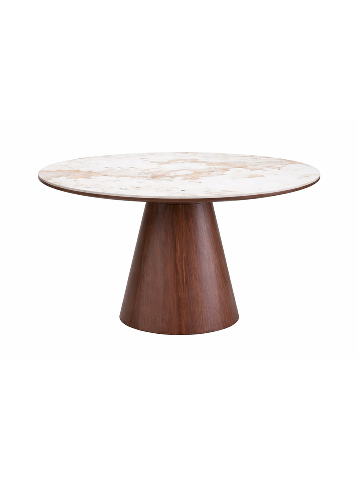 Masă rotundă Orvane 120 cm cu blat crem marmorat și picioare culoare nuc