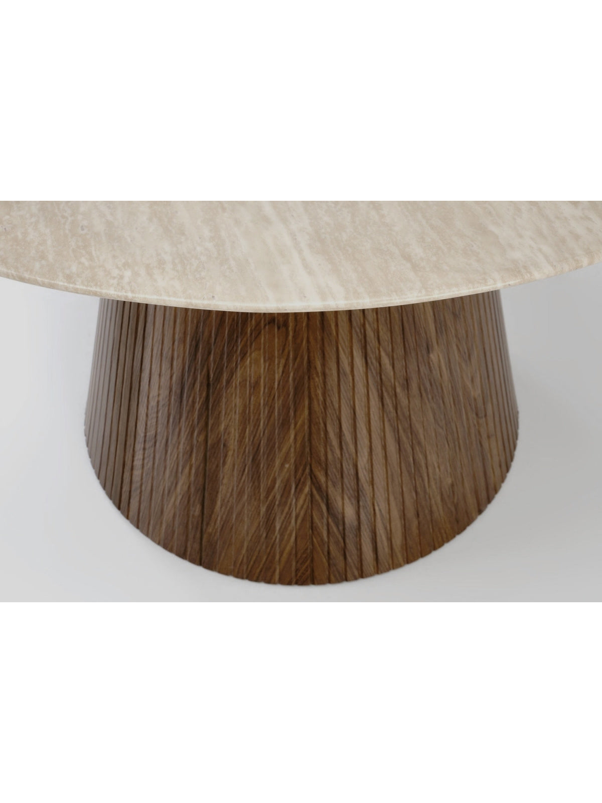 Masă rotundă Solvori 120 cm cu blat travertin și picioare nuc