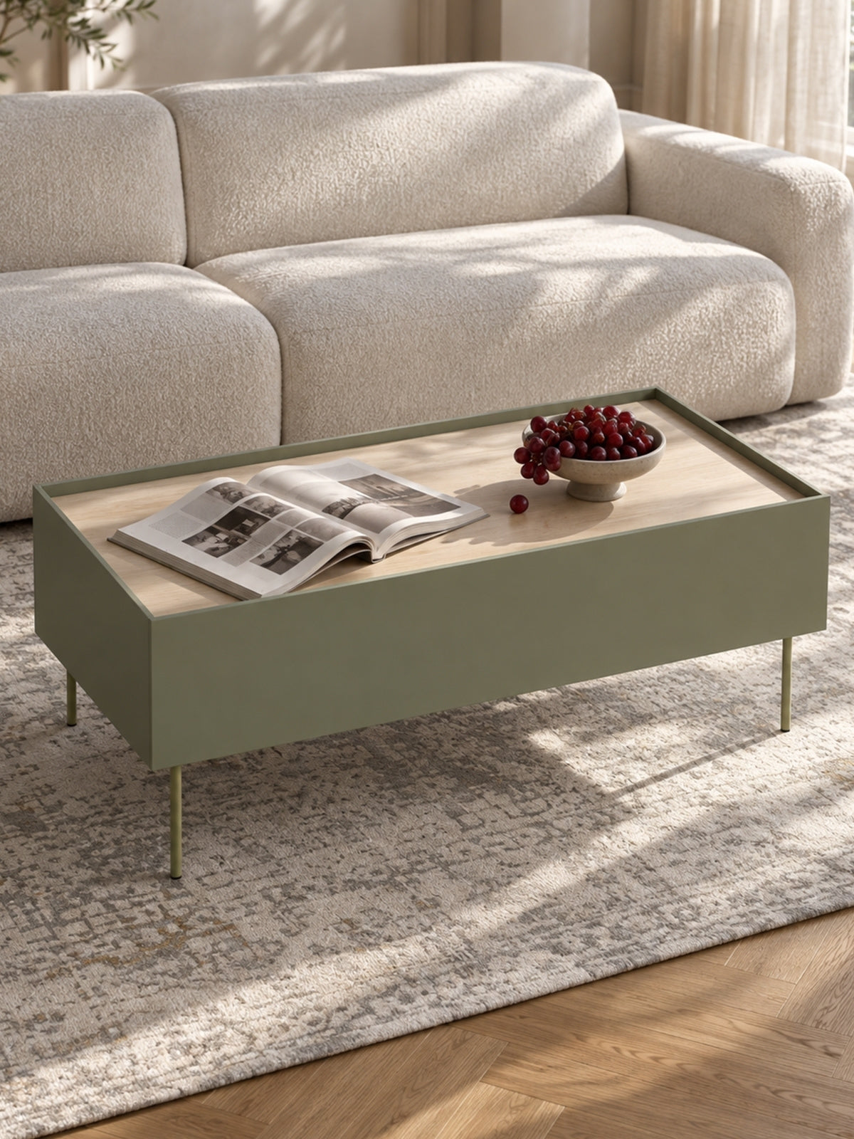 masă kawowy Desin 120 cm cu sertare - olive / stejar nagano