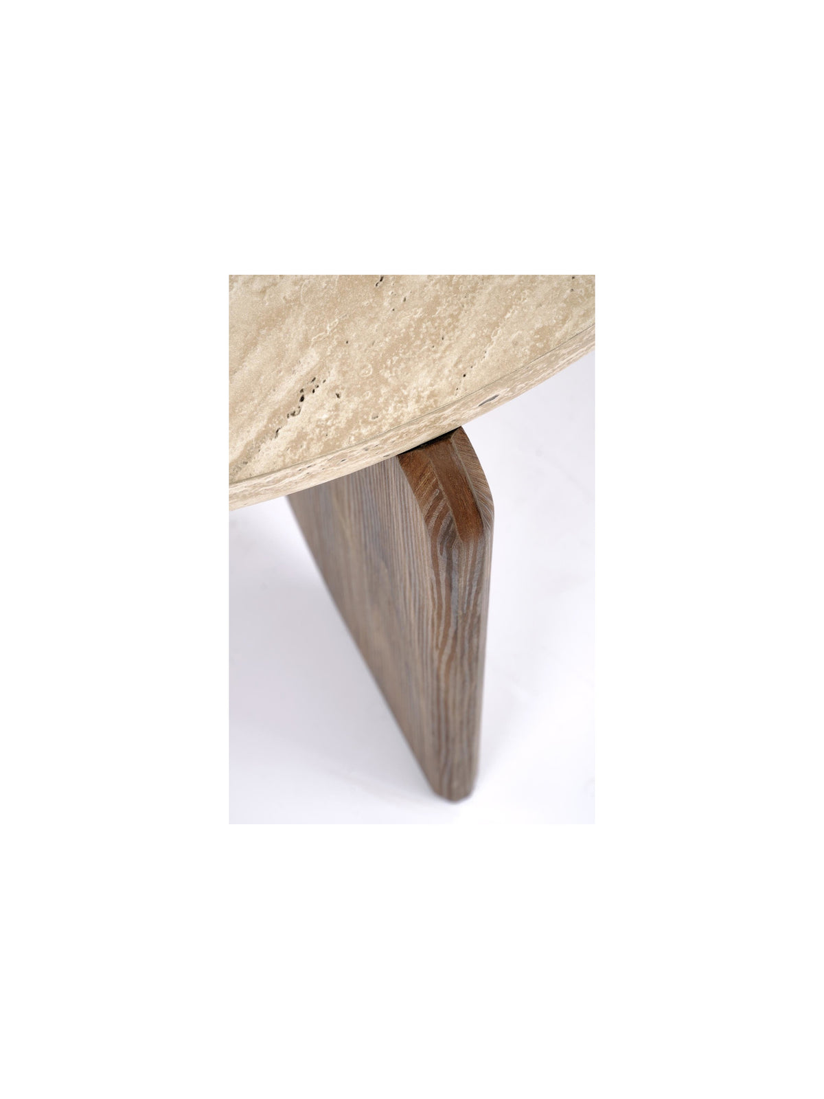 Masă de cafea Manios 80 cm rotundă blat travertin, cadru nuc, detaliu picior