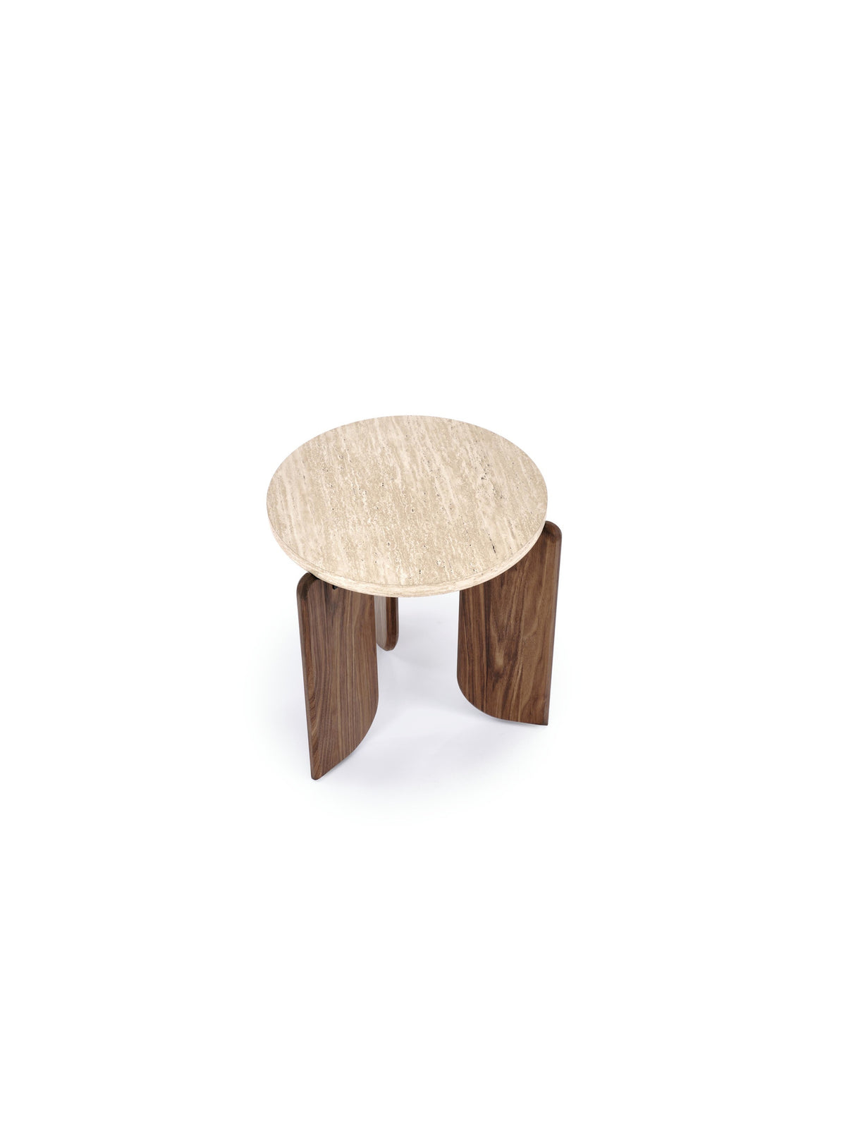 Masă de cafea Manios 50 cm, blat rotund travertin, cadru nuc