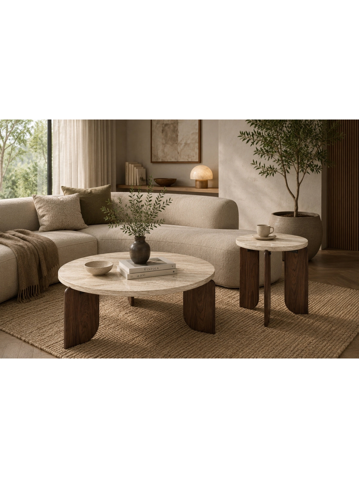 Masă de cafea rotundă Manios 50 cm blat travertin, cadru nuc, design modern