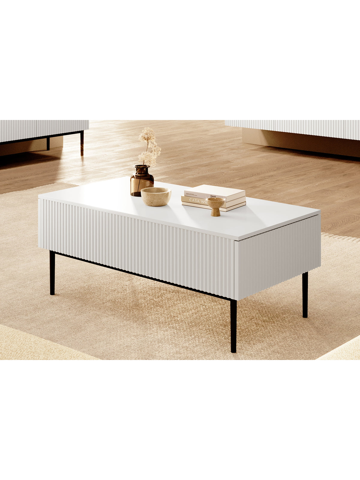 Masă de cafea Nicole 120 cm alb mat cu front striat și picioare metalice negre