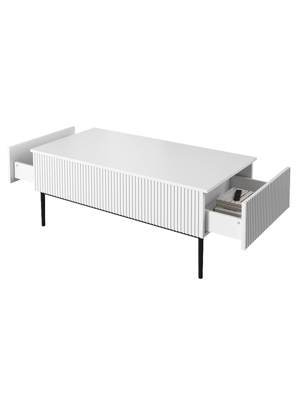 Masă de cafea Nicole 120 cm alb mat cu fronturi striate și picioare metalice negre
