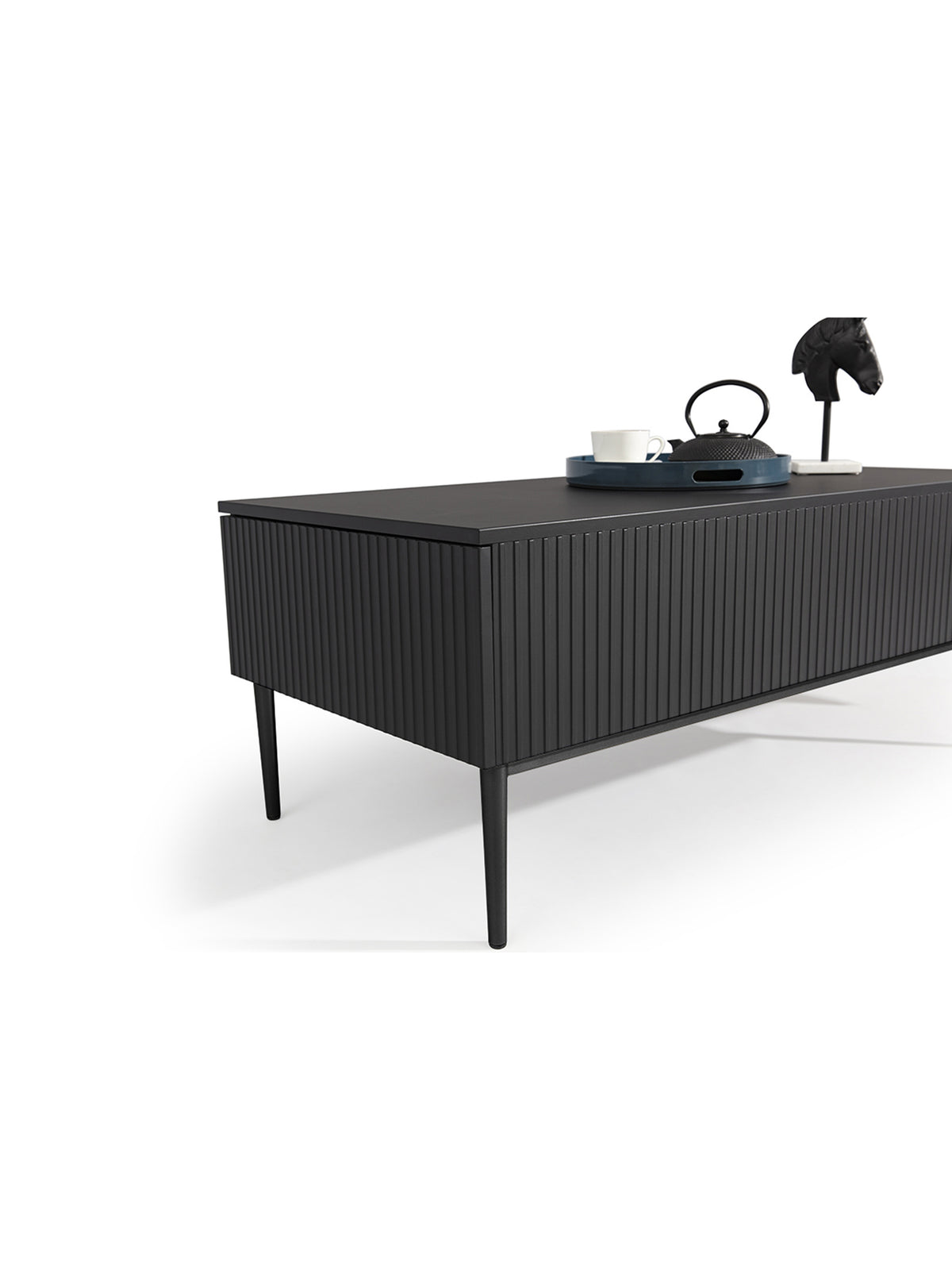 Măsuță de cafea Nicole 120 cm neagră mat cu front striat și picioare metalice