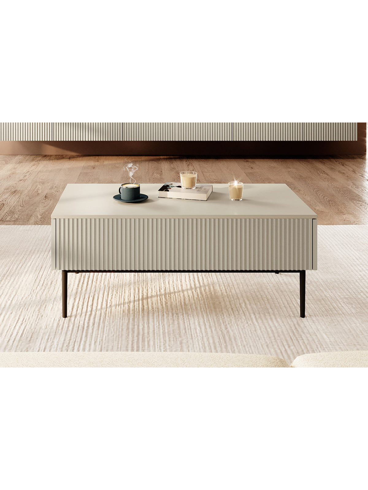 Masă de cafea Nicole 120 cm casmir cu fronturi striate și picioare negre metalice
