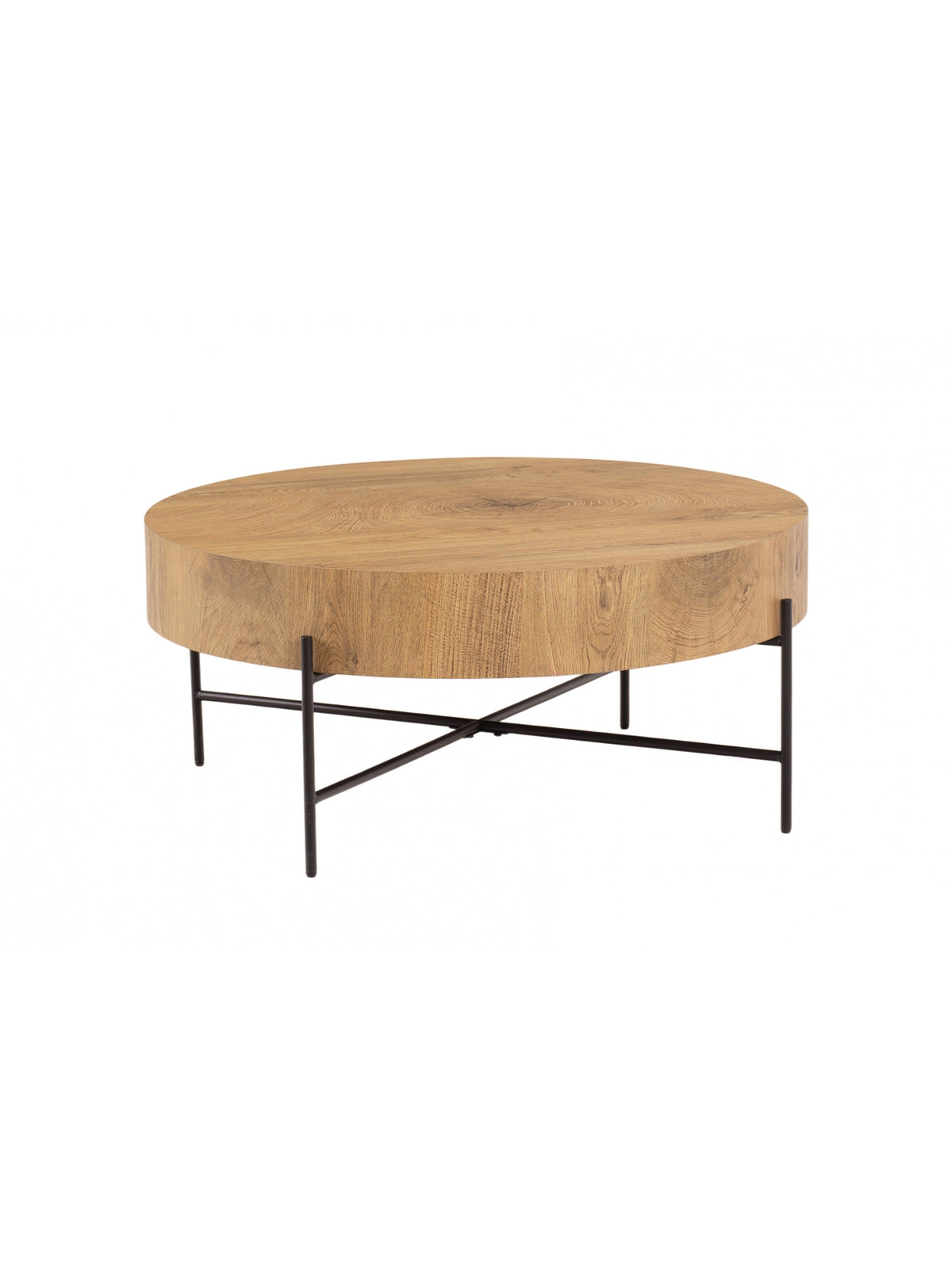 Măsuță de cafea rotundă Liviano 80 cm cu blat natural de stejar și picioare metalice negre