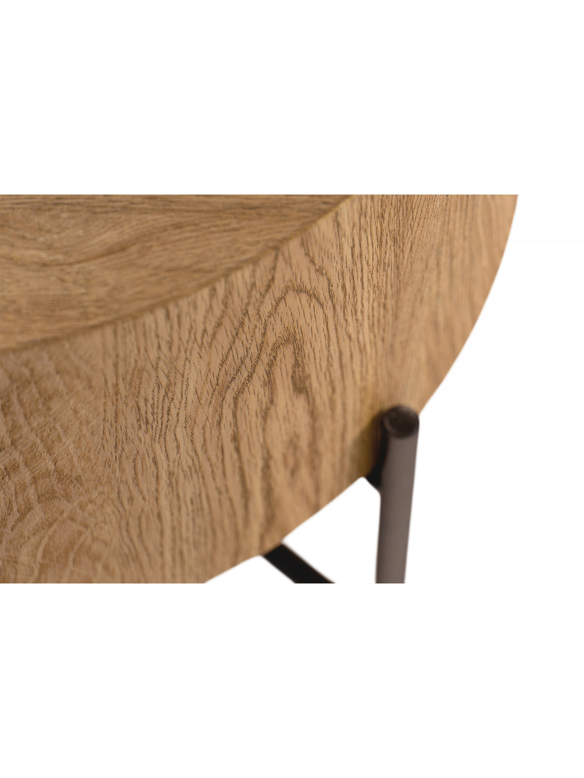 Măsuță de cafea rotundă Liviano 80 cm blat stejar natural picioare metal negre detaliu