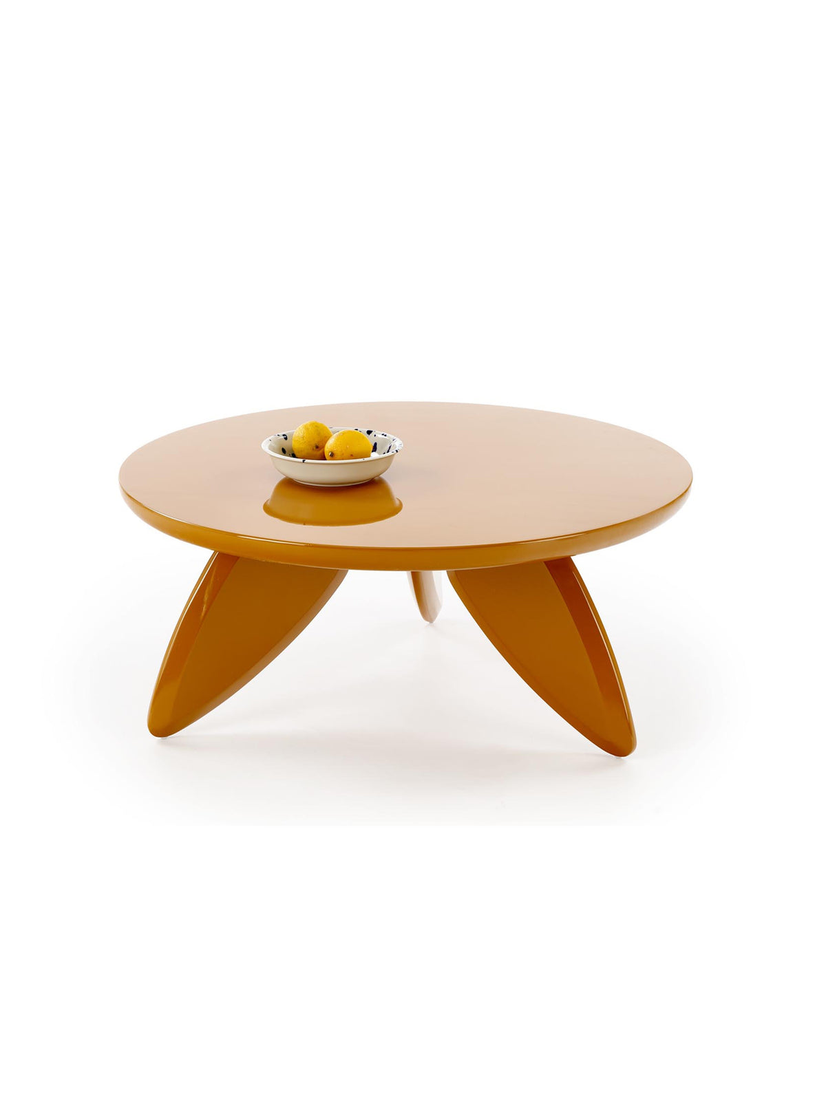 Masă de cafea rotundă Lumis 80 cm mustar lucios, blat și picioare MDF