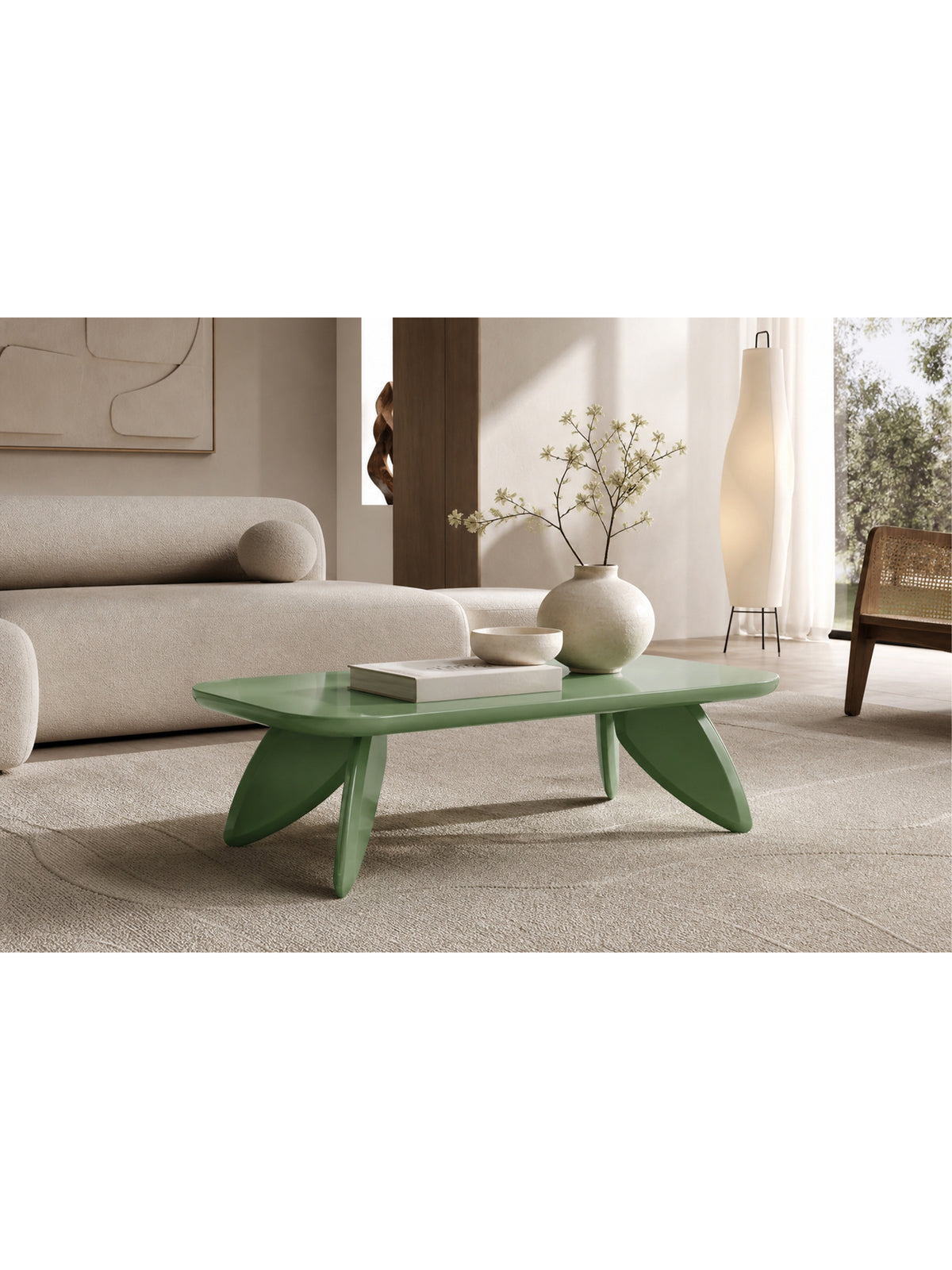Masă de cafea dreptunghiulară Lumis 120 cm verde lucios cu picioare MDF
