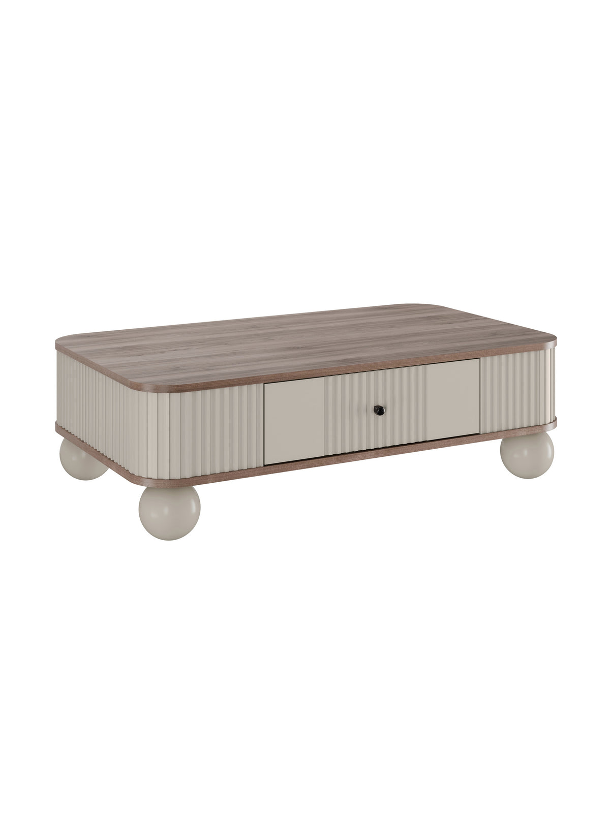 Măsuță de cafea Vesper 103x60 cm casmir cu blat nuc și mânere negre, vedere frontală
