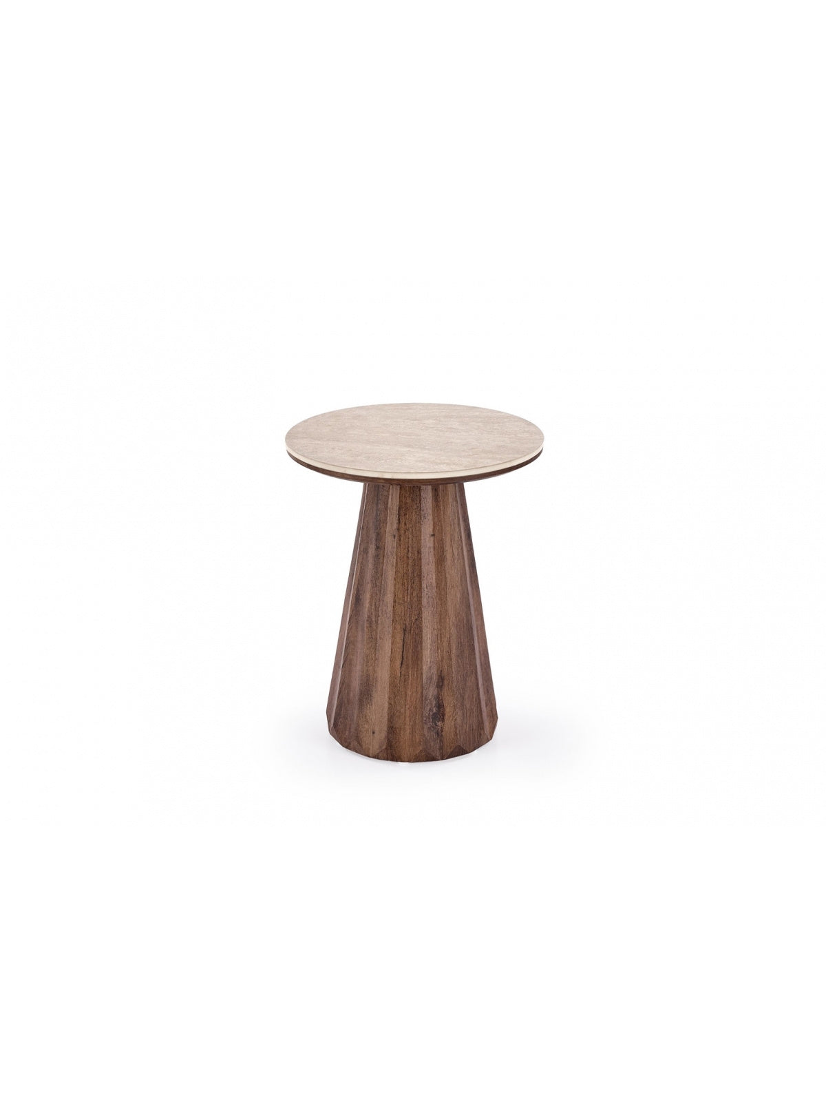 Măsuță de cafea Wanora rotundă 45 cm blat travertin, picioare nuc