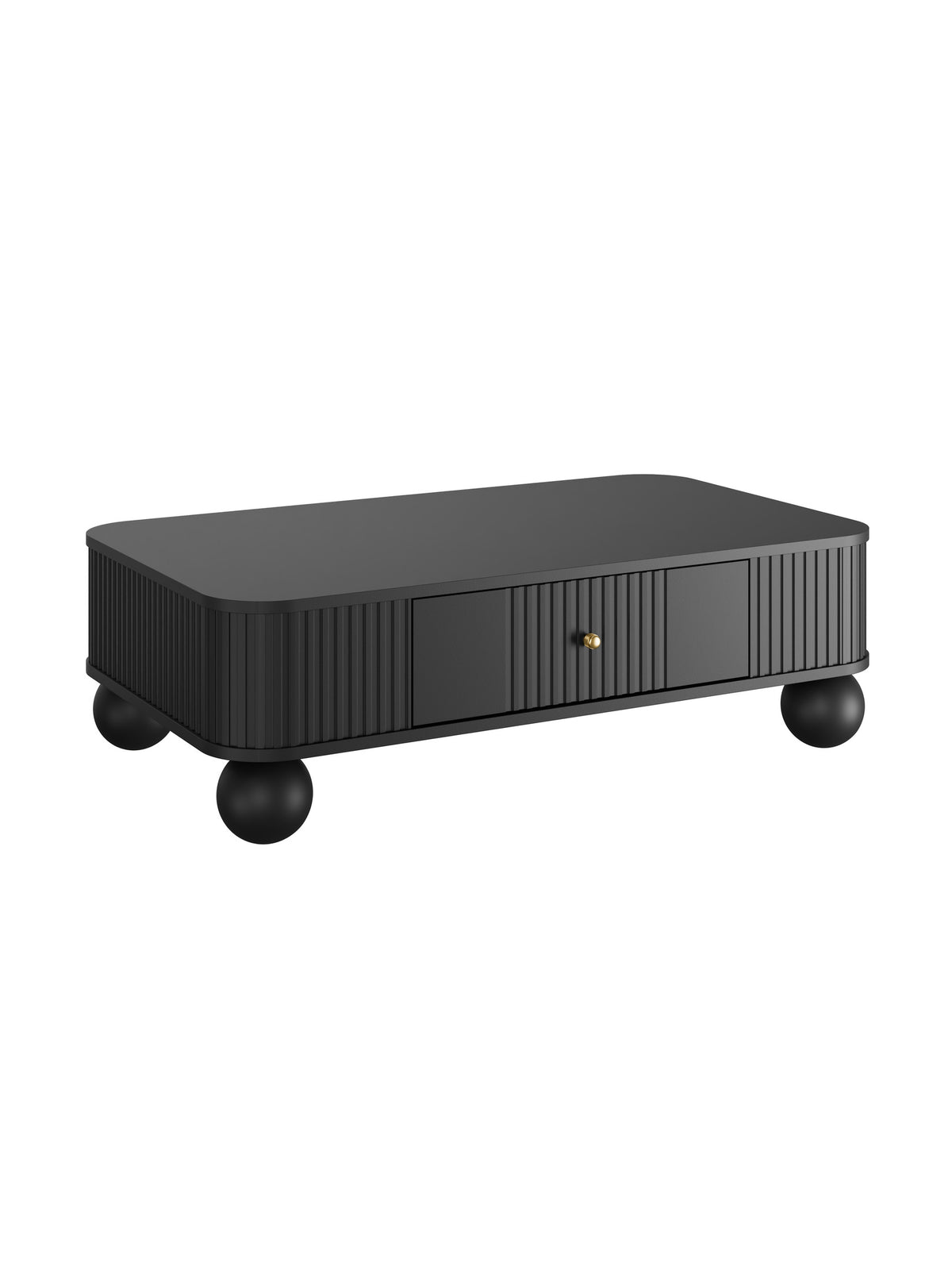 Masă de cafea Vesper neagră 103x60 cm cu sertar cu striații și mâner auriu, picioare rotunde