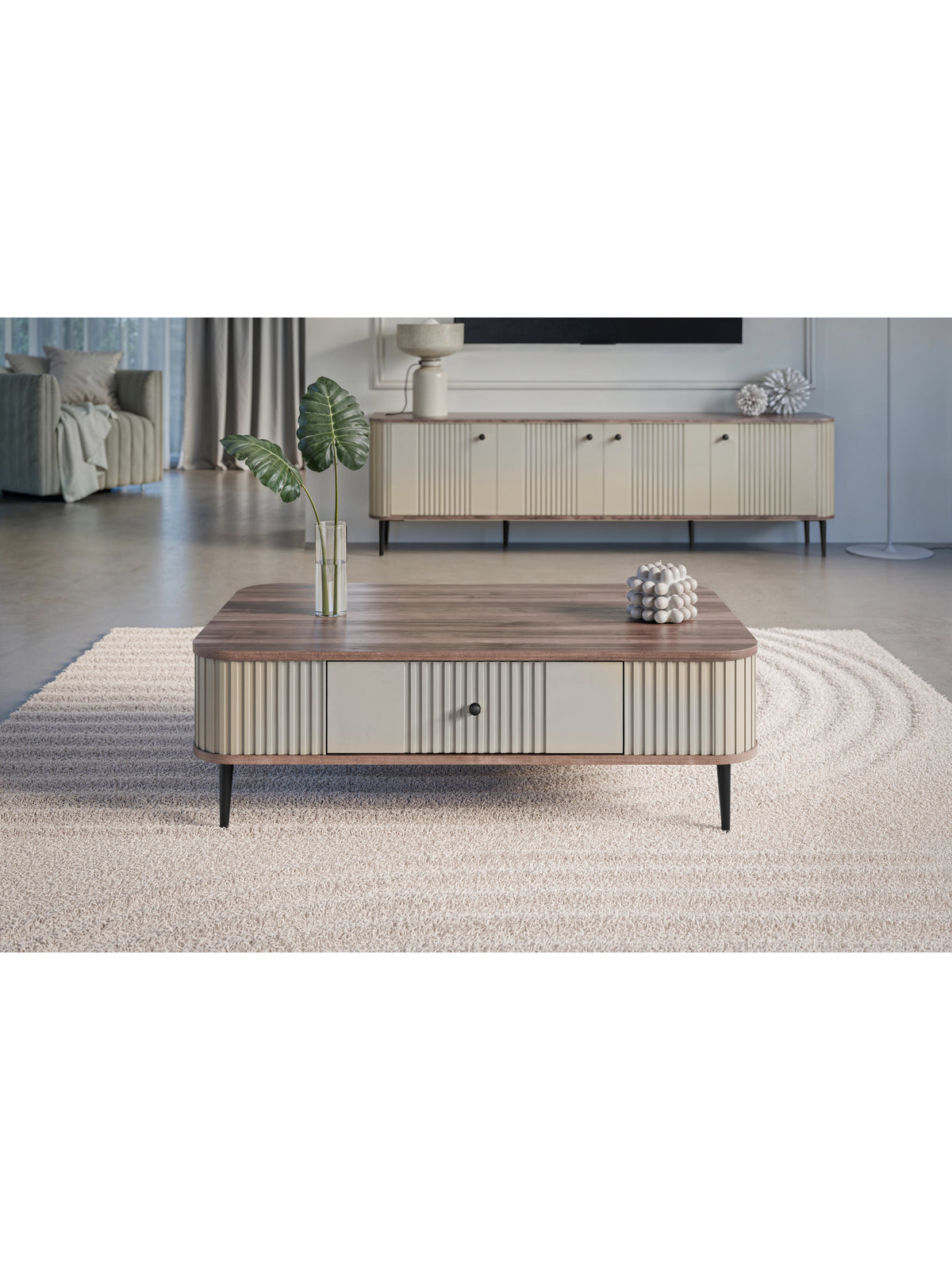 Masă de cafea Vesper 103x60 cm în culorile casmir și nuc cu picioare negre și sertar