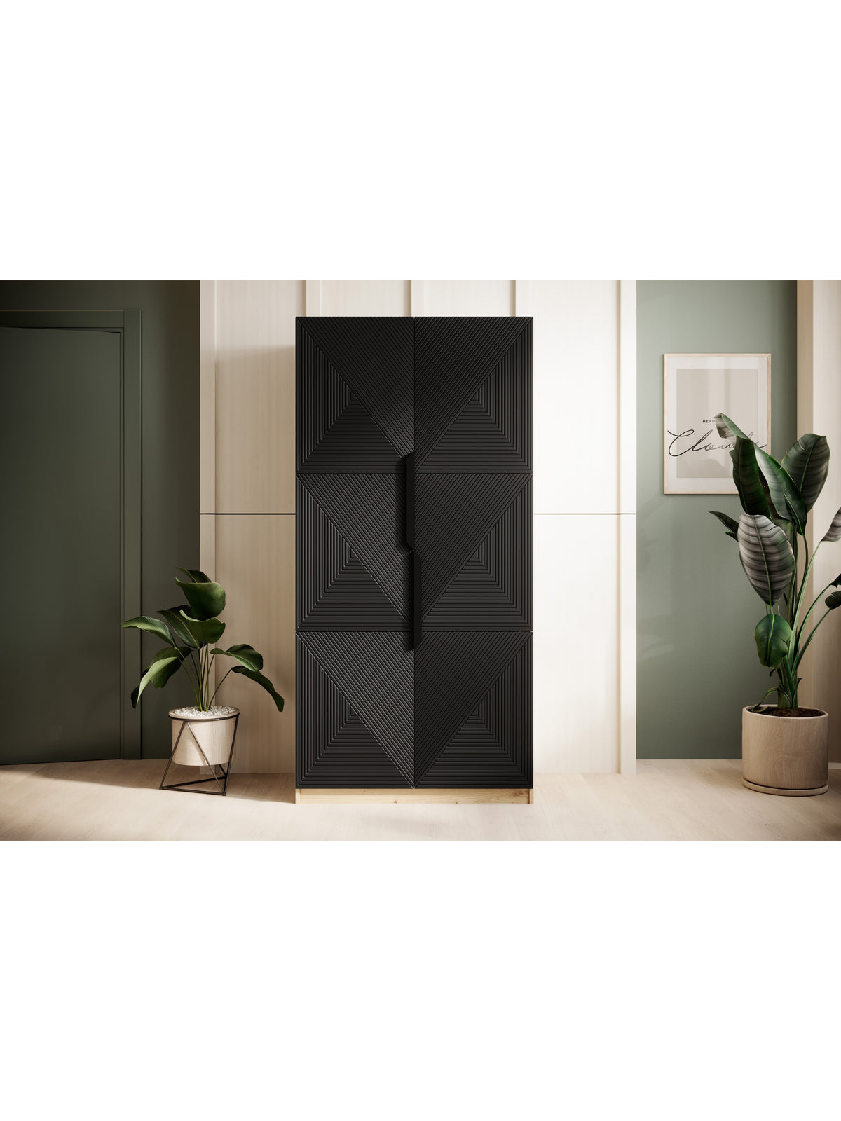 dulap Asha 100 cm z ryflowanym frontem i metalowymi uchwytami- artisan / negru mat / negru Mânere