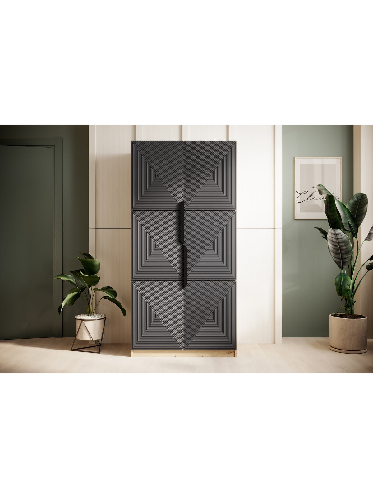 dulap Asha 100 cm z ryflowanym frontem i metalowymi uchwytami- artisan / rivier stone mat / negru Mânere