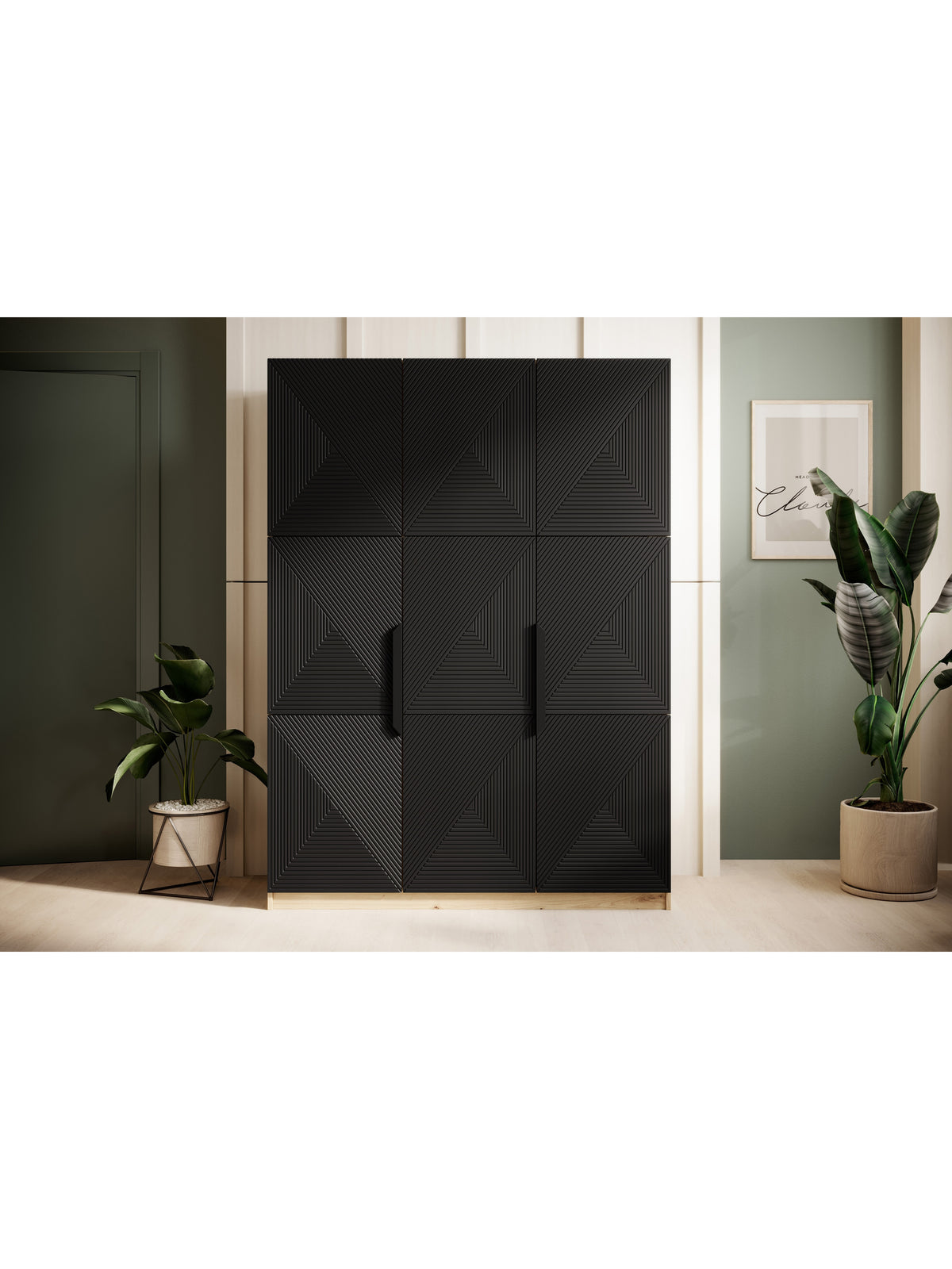 Dulap Asha 150 cm negru mat cu fronturi canelate și mânere metalice