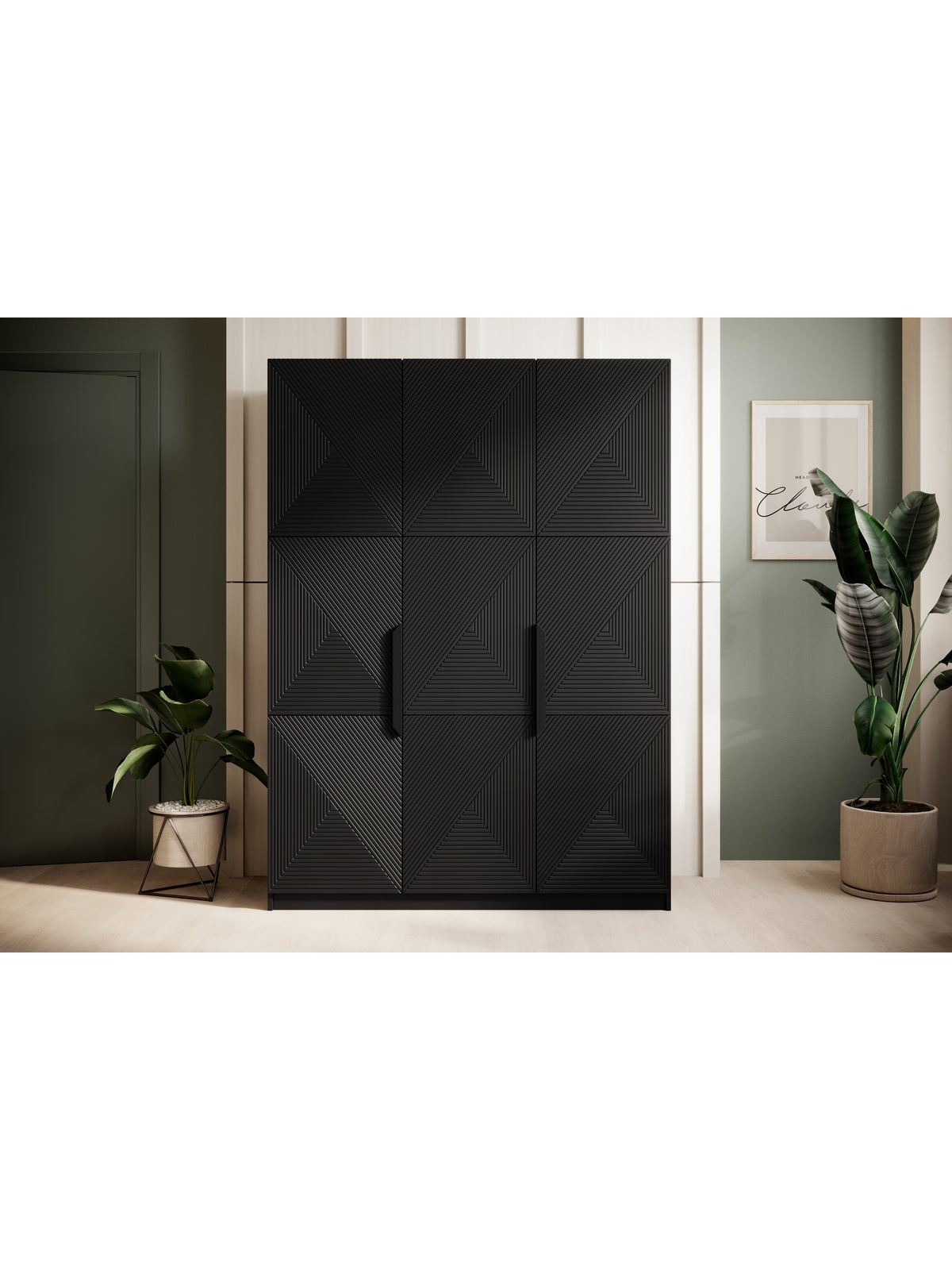 Dulap Asha 150 cm negru mat cu mânere metalice, front canelat, 3 uși