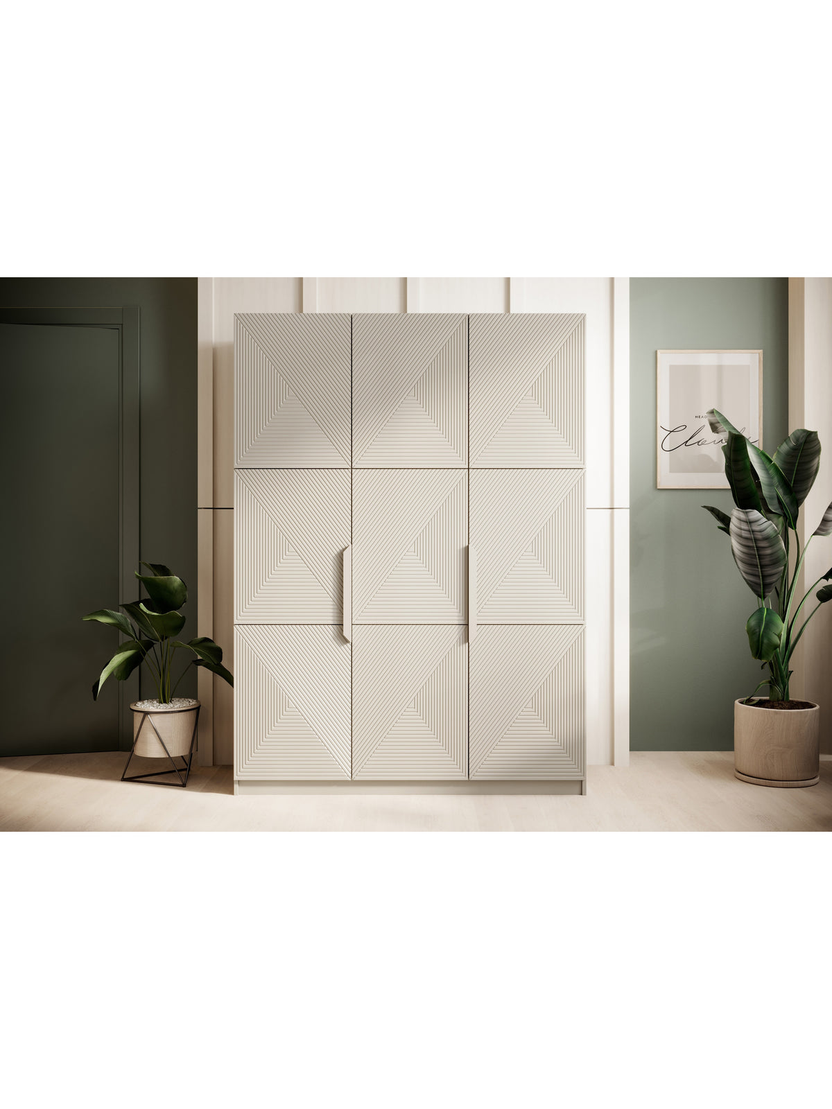 Dulap Asha 150 cm casmir cu mânere metalice, fronturi canalizate, vedere frontală