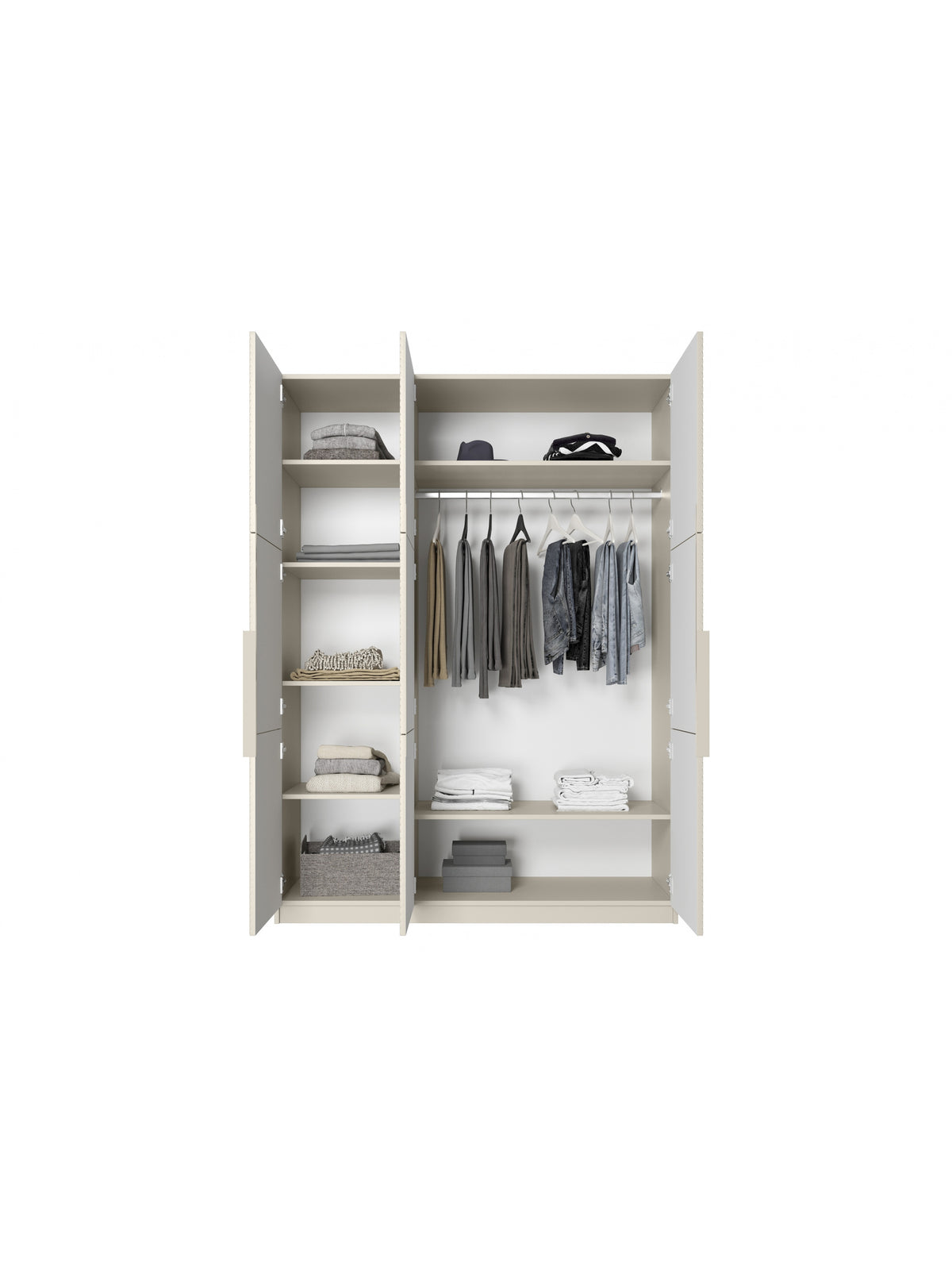 Dulap Asha 150 cm culoare cașmir cu trei uși și mânere metalice, vedere interior