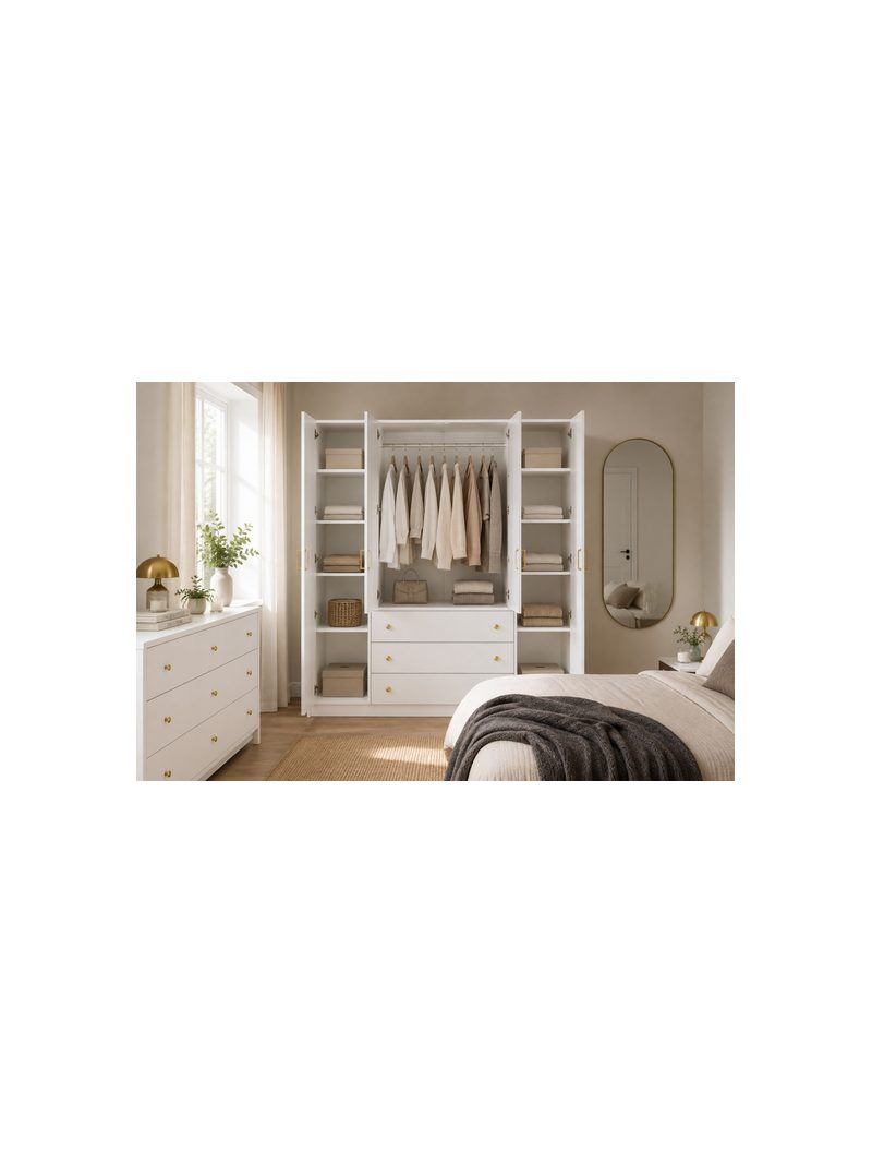 Dulap cu patru uși Alvora 196 cm alb mat cu 3 sertare și mânere aurii, interior vizibil