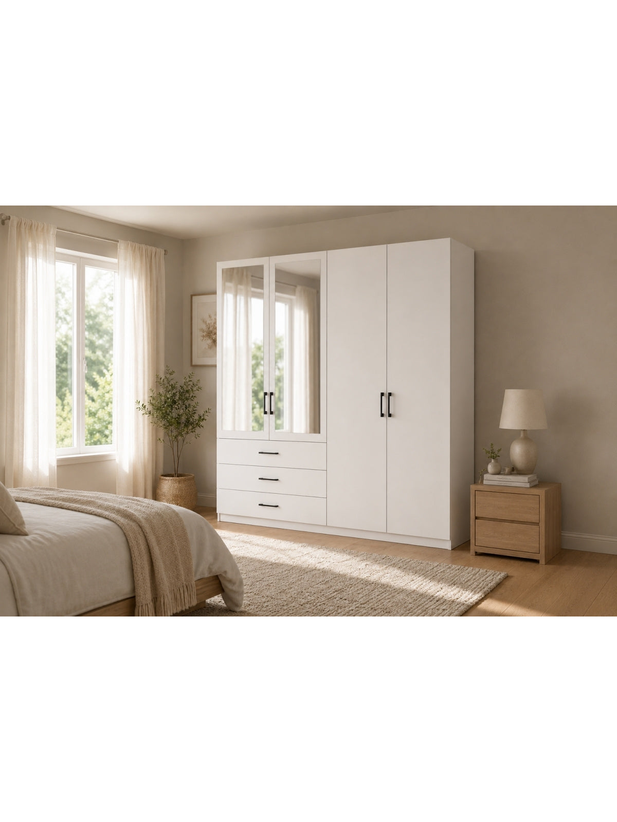 Dulap cu patru uși Lumera 196 cm cashmere cu oglindă și 3 sertare