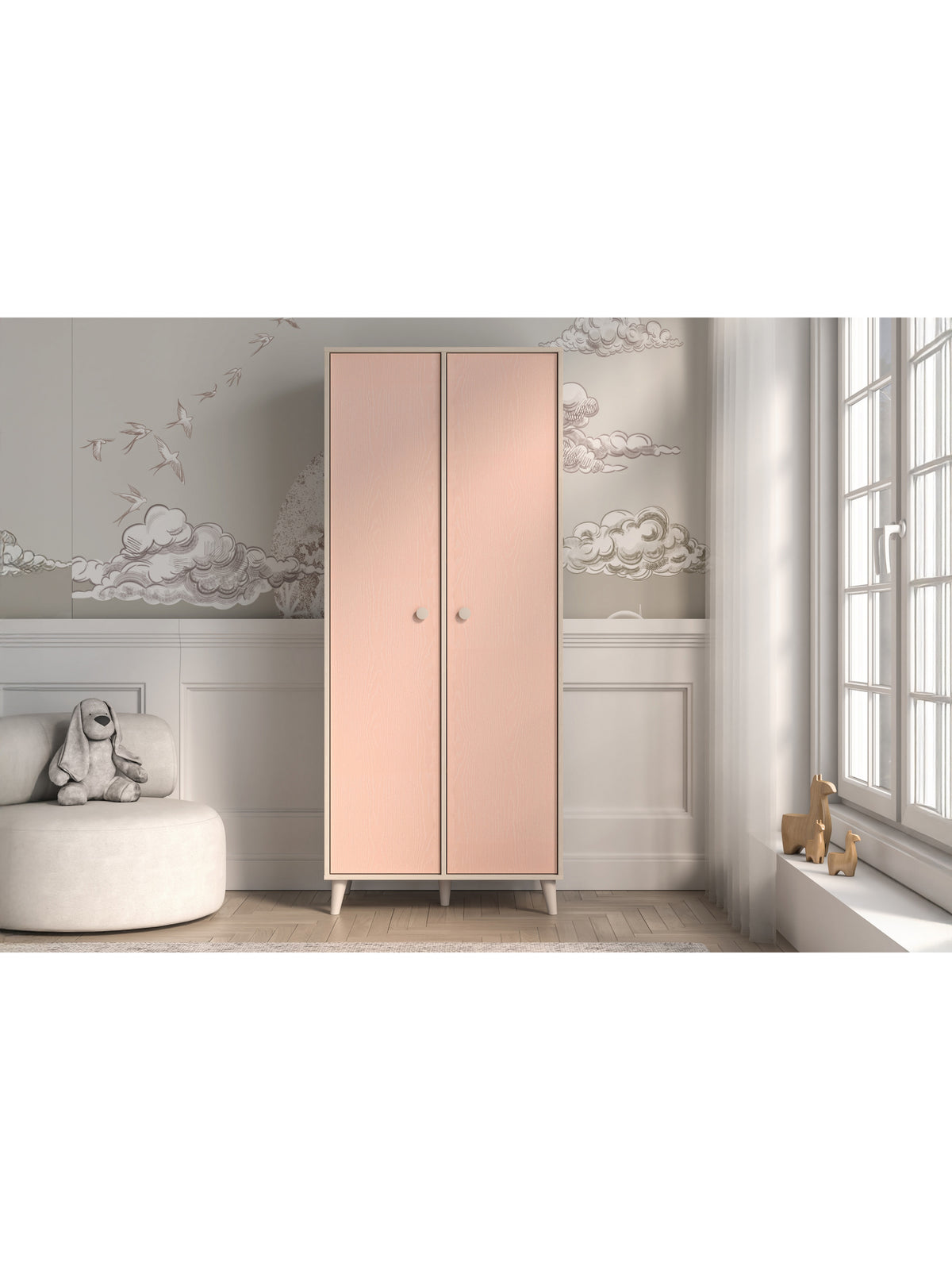 Dulap pentru copii Marla 80 cm în culorile nisip deșert și millenial pink, uși roz, vedere frontală
