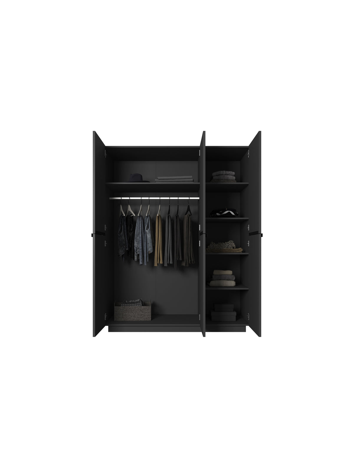 Dulap Nicole 150 cm negru mat cu trei uși și cinci rafturi, mânere metalice