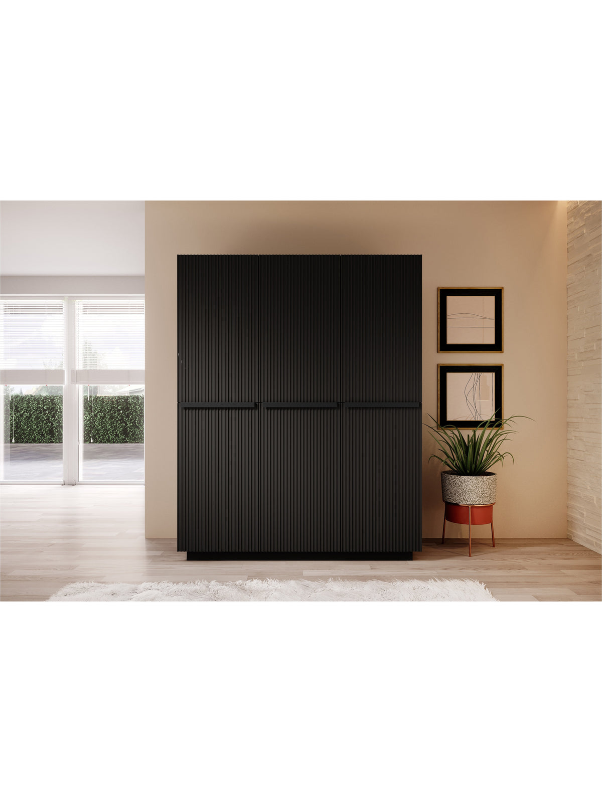 Dulap Nicole 150 cm negru mat, fronturi striate, trei uși, cinci rafturi