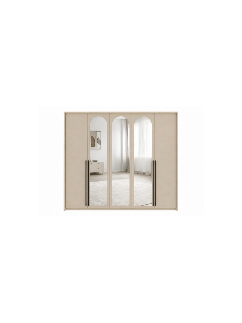 Dulap cu cinci uşi Ovana 255 cm cu oglinzi, culoarea bej nisip, fronturi laminat