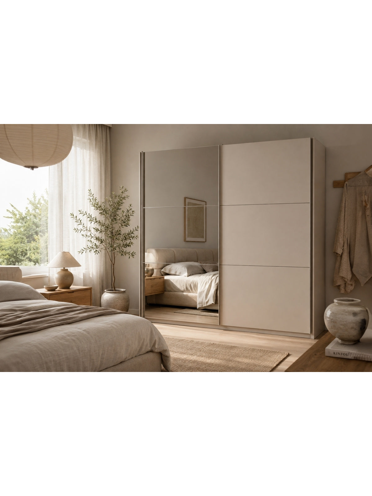 Dulap cu uși glisante Laris 200 cm cu oglindă culoare bej