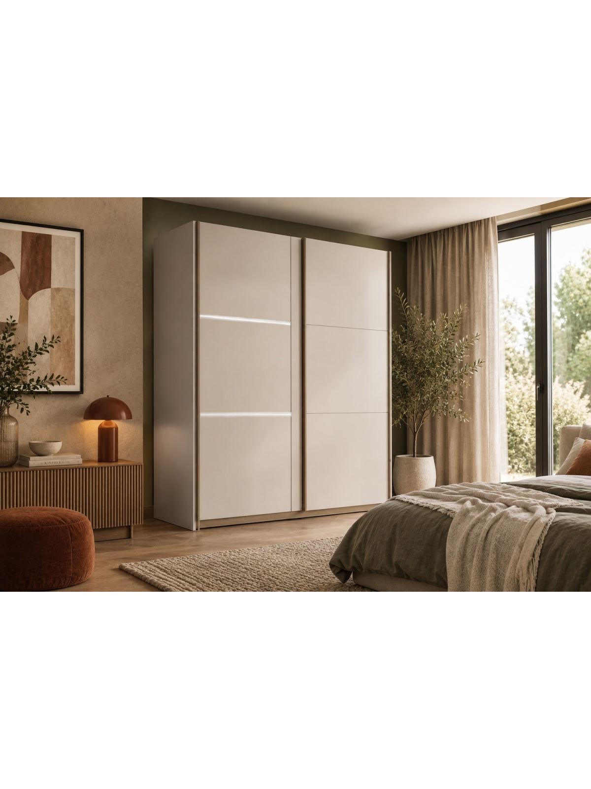 Dulap cu uși glisante Tanis 200 cm cu LED, culoare cașmir, două uși