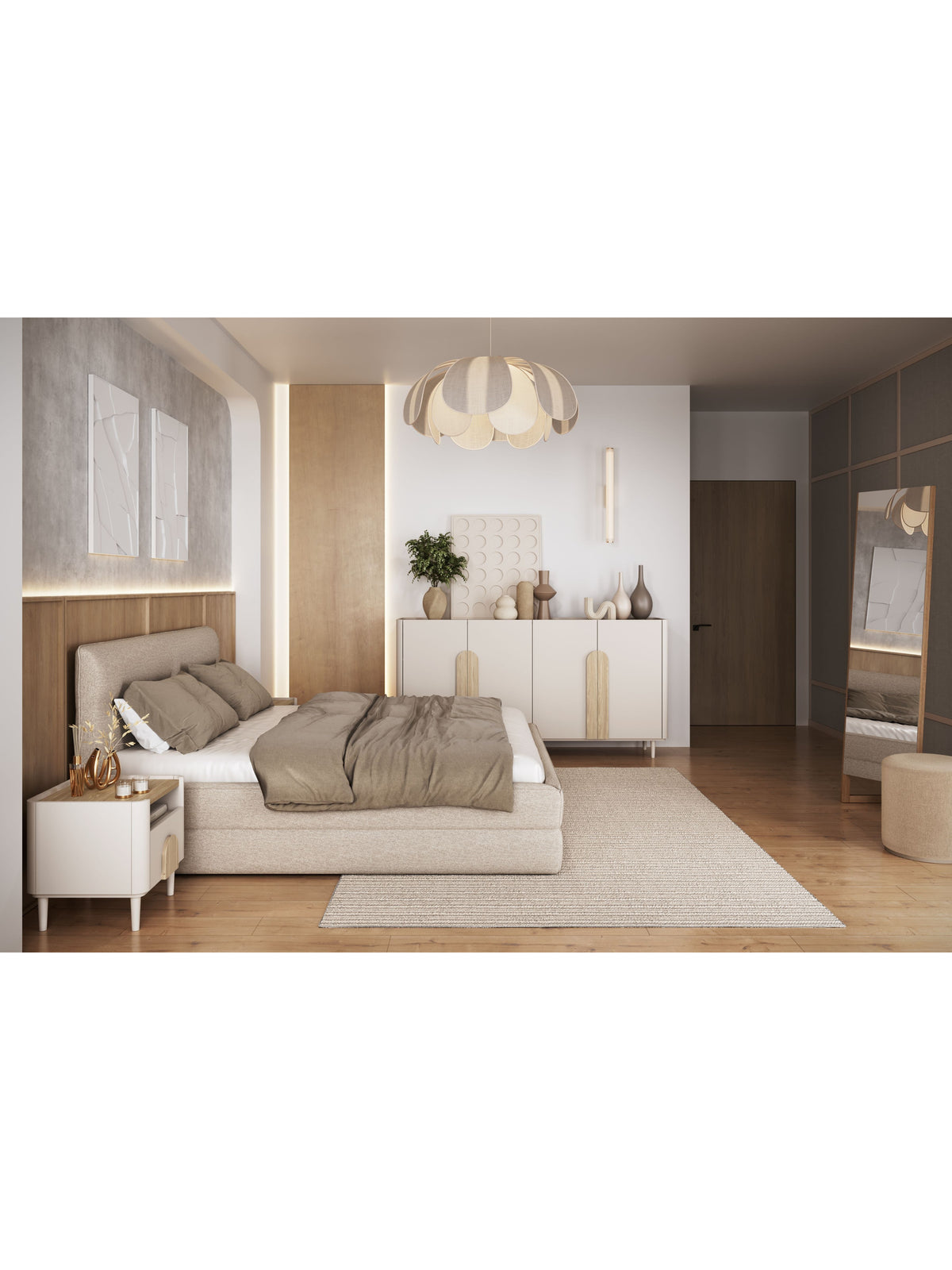 Noptieră Amilio 50 cm casmir cu blat din stejar uleiuit și mânere deschise la culoare