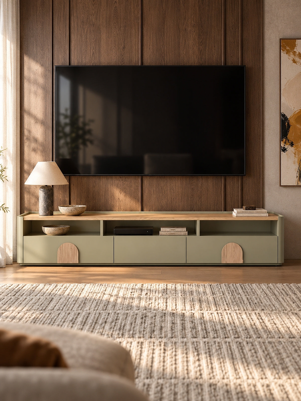 Dulap TV Amilio 200 cm cu sertare - eukaliptus / stejar baltic dune / Mânere stejar natural