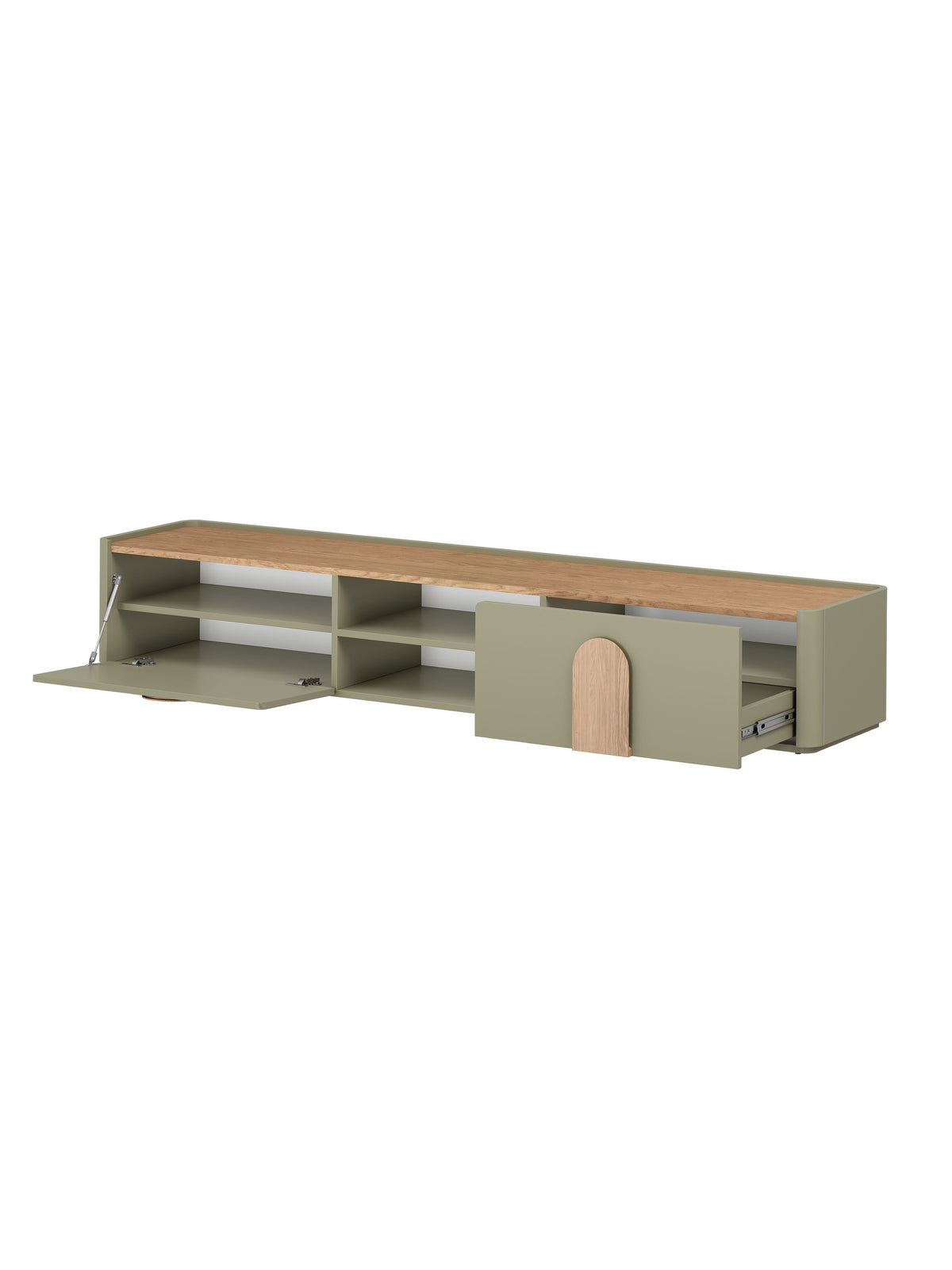 Comodă RTV Amilio 220 cm cu sertar, culoare eucalipt și stejar baltic dune