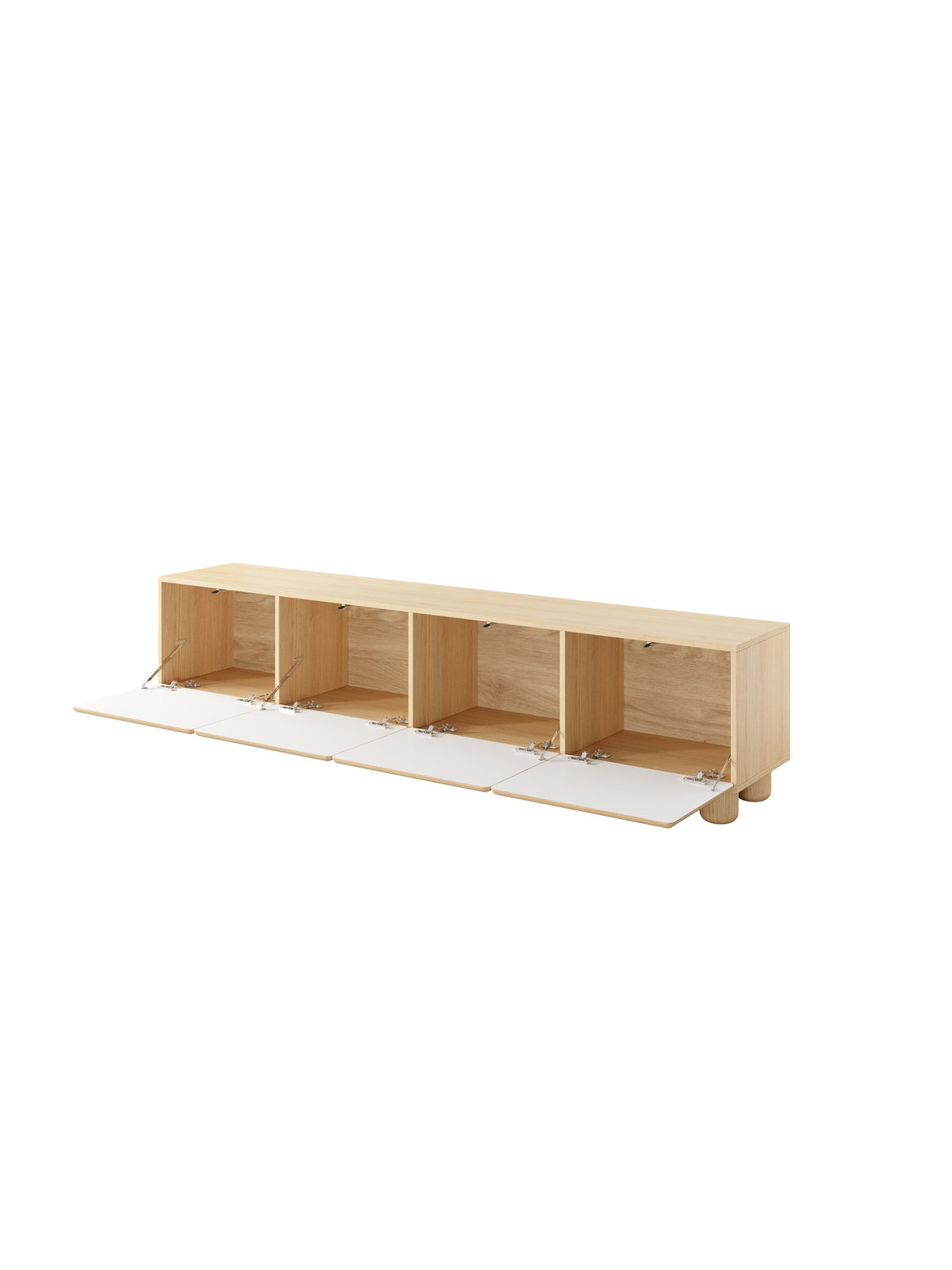Comodă TV Arlo 200 cm cu patru uși, stejar vicenza, vedere interior și față