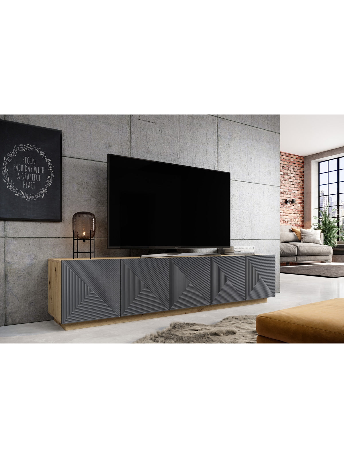 Comodă RTV Asha 200 cm cu cinci uși, front rasterizat rivier stone mat și corp artisan