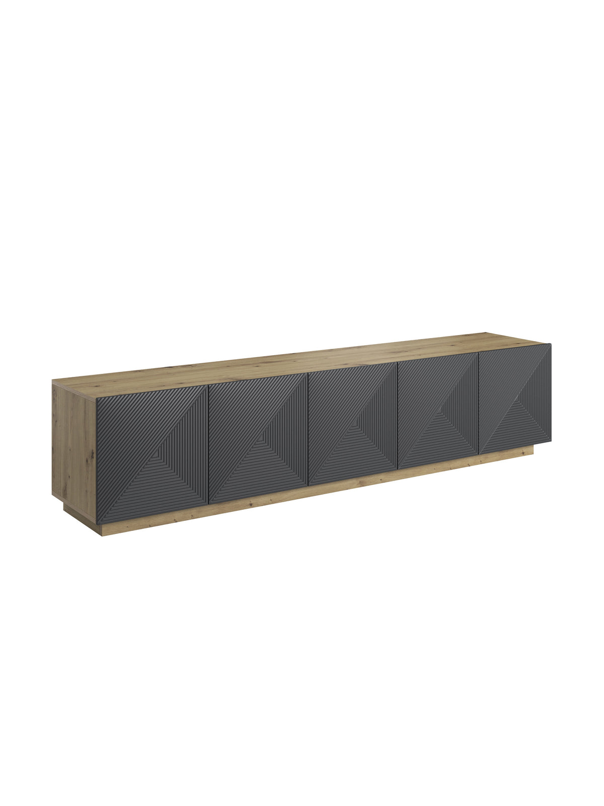 Comodă TV Asha 200 cm cu cinci uși, front striat rivier stone mat și corp stejar artisan
