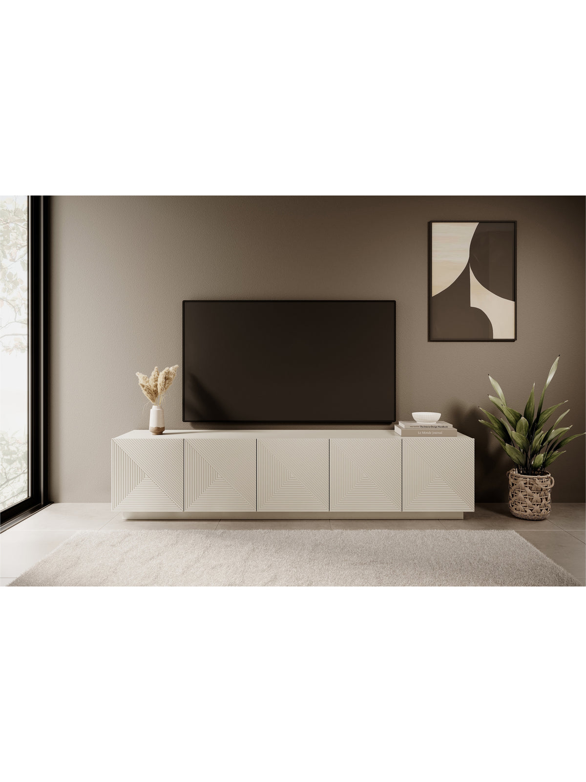 Comodă TV Asha 200 cm cu cinci uși și front nervurat, culoare cashmere