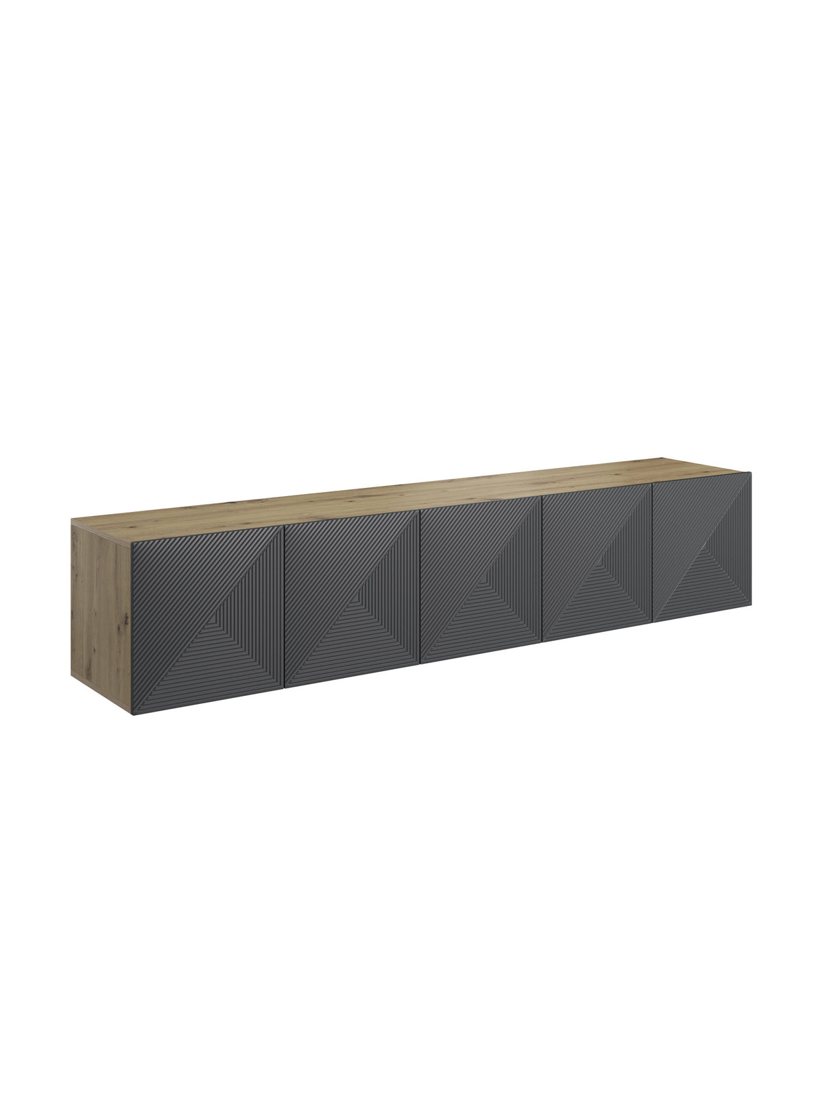 Comodă RTV Asha 200 cm suspendată cu front striat în culoarea rivier stone mat și corp artisan stejar