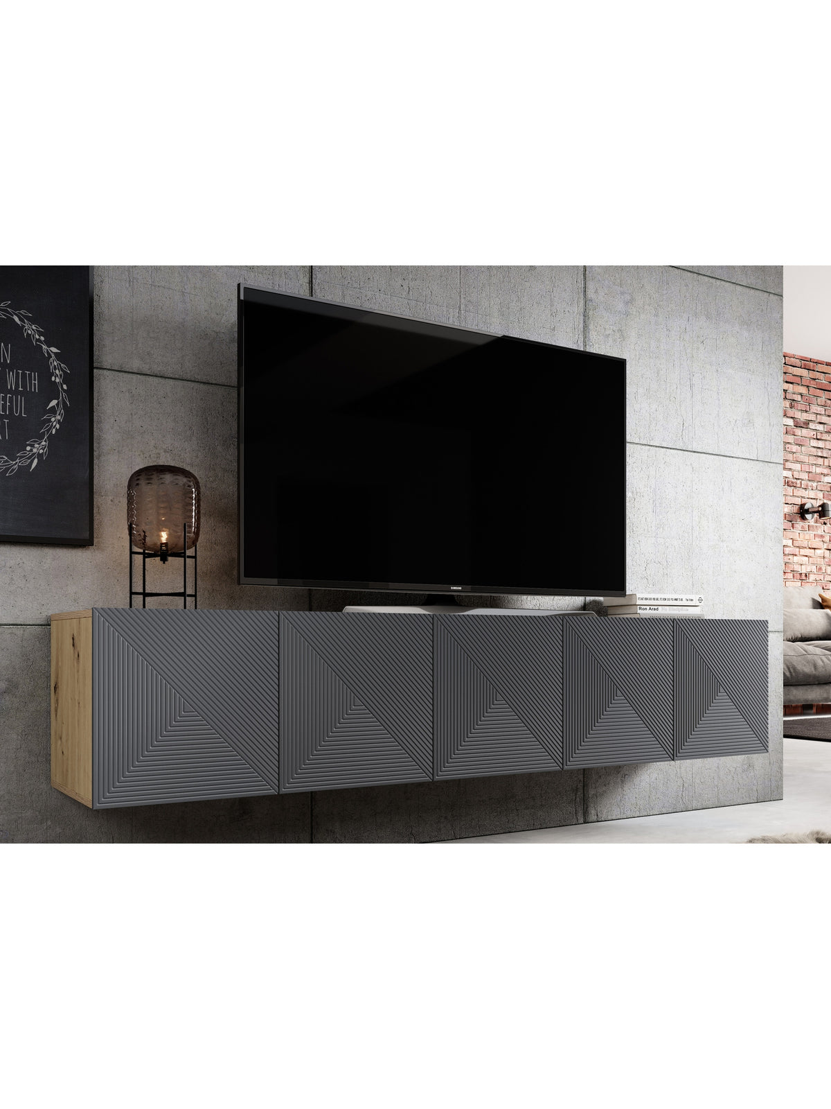 Comodă RTV Asha 200 cm suspendată cu front striat artisan și rivier stone mat