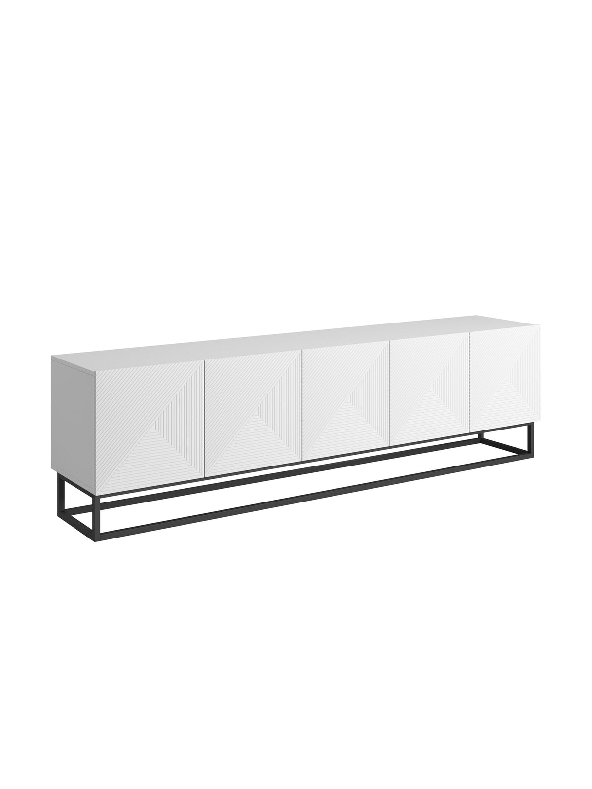 Comodă TV Asha 200 cm alb mat cu front canelat și cadru metalic negru