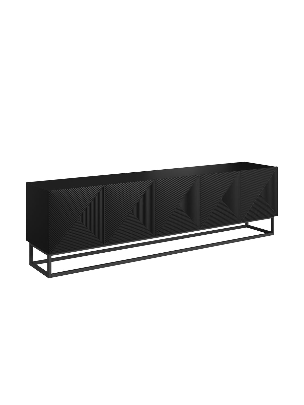 Comodă TV Asha 200 cm negru mat cu front canelat și cadru metalic