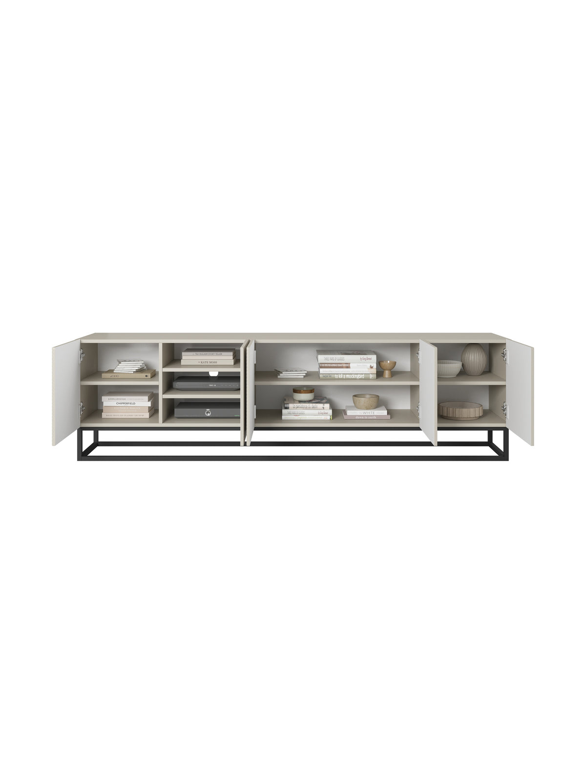 Comodă RTV Asha 200 cm casmir, front striat, cadru metalic negru, uși deschise