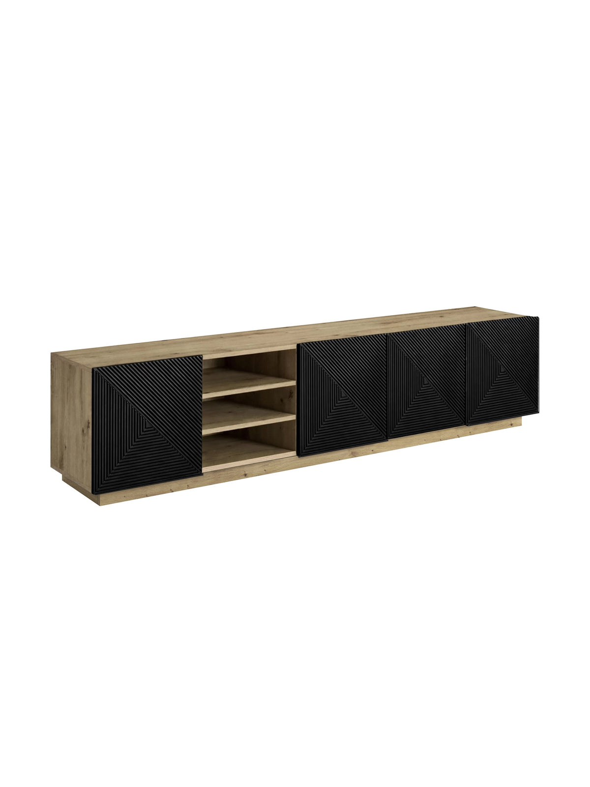 Comodă TV Asha 200 cm cu front negru mat striat și nișă, corp stejar artisan