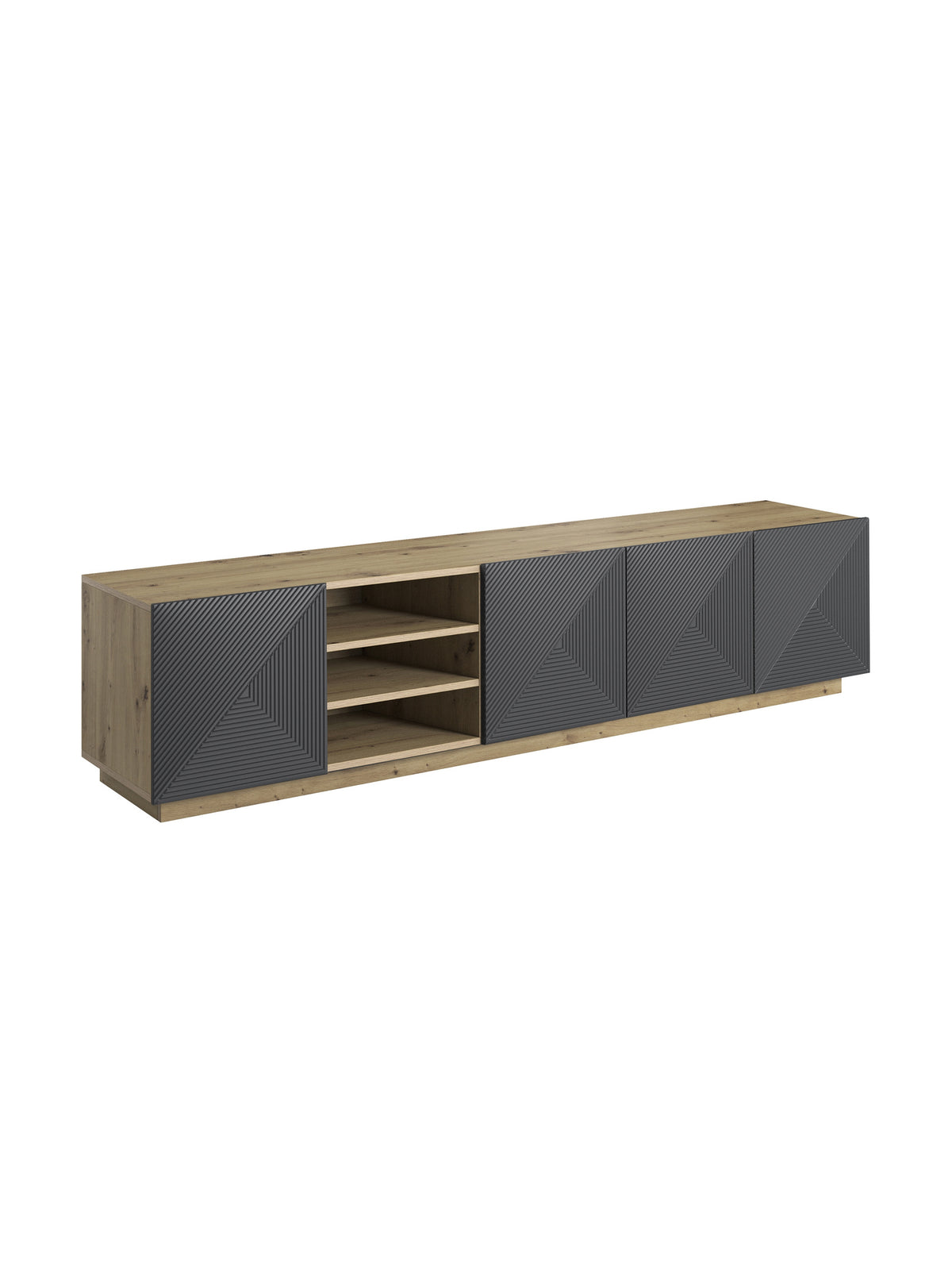 Comodă TV Asha 200 cm cu front canelat mat rivier stone și corp artisan stejar
