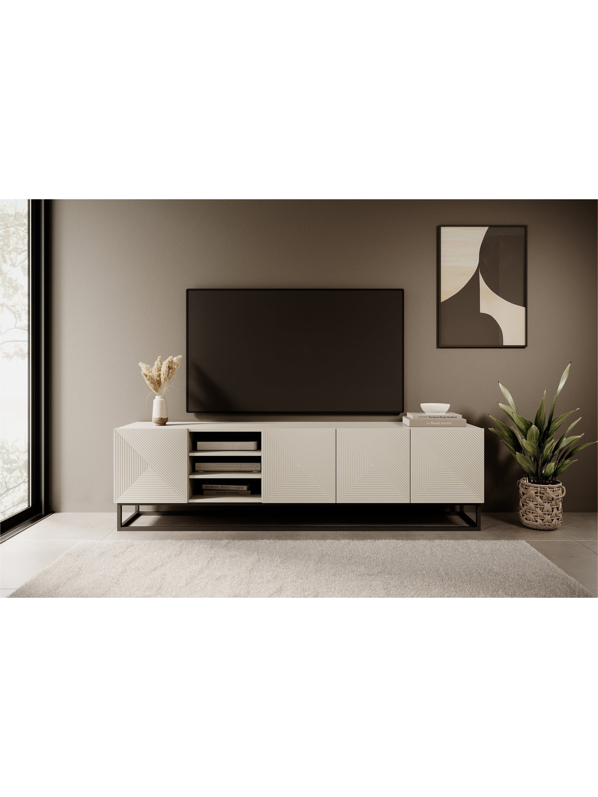 Comodă RTV Asha 200 cm casmir cu front canelat și cadru metalic negru