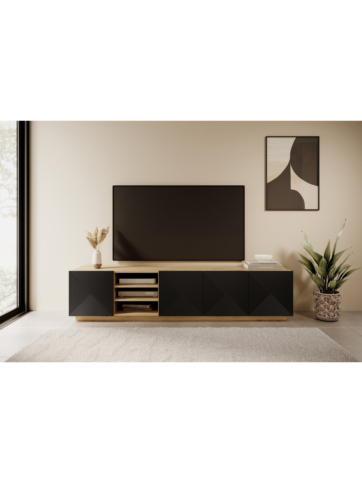 Comodă TV Asha 200 cm cu front negru mat striat și nișă, vedere mobilier pe picioare