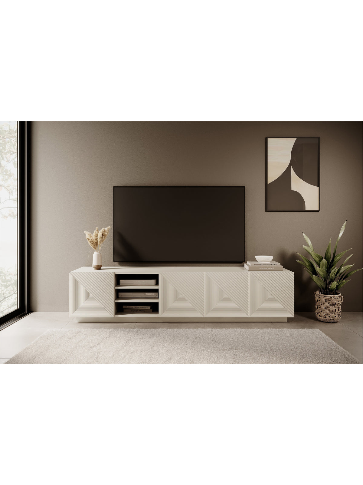 Comodă TV Asha 200 cm cu front canelat și nișă în culoarea casmir