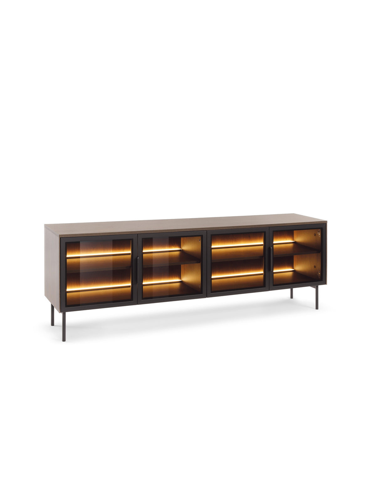 Comodă TV Auri 181 cm cu iluminare LED, fronturi din sticlă securizată, stejar dunin și elemente negre
